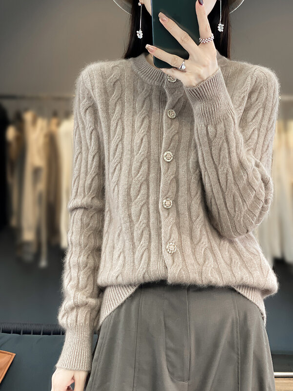 Suéter de caxemira de vison puro feminino, cardigã de malha com o pescoço, tops soltos de manga comprida, jaqueta grossa, flor torção, outono inverno, 2022
