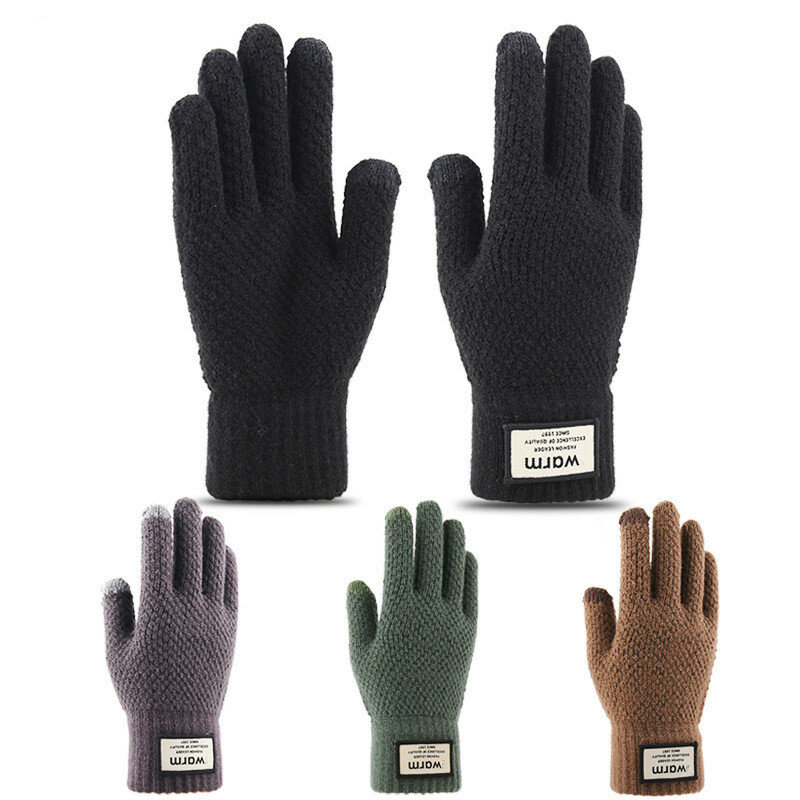 Guantes de invierno Unisex para pantalla táctil, manoplas de punto elásticas cálidas de imitación de lana de dedo completo, guantes de ganchillo gruesos