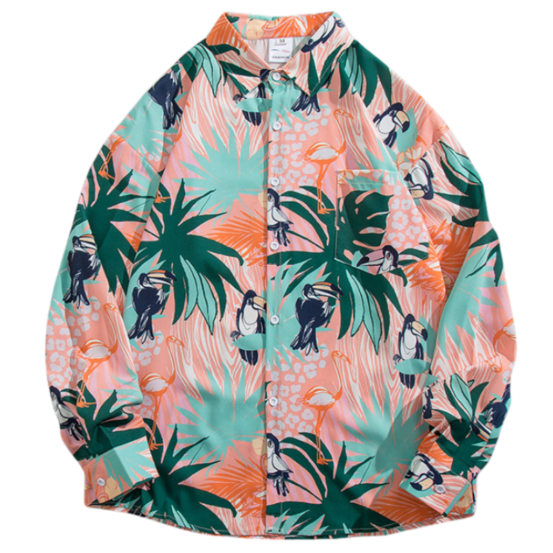 Camisa floral de manga longa masculina, jaqueta versátil e bonito, encaixe solto, camisas casuais estampadas havaiano, moda vintage