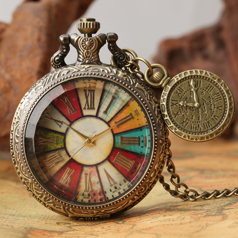 Jam tangan saku kuarsa tampilan angka Romawi, arloji saku Quartz warna-warni dengan rantai kalung liontin santai untuk hadiah pria