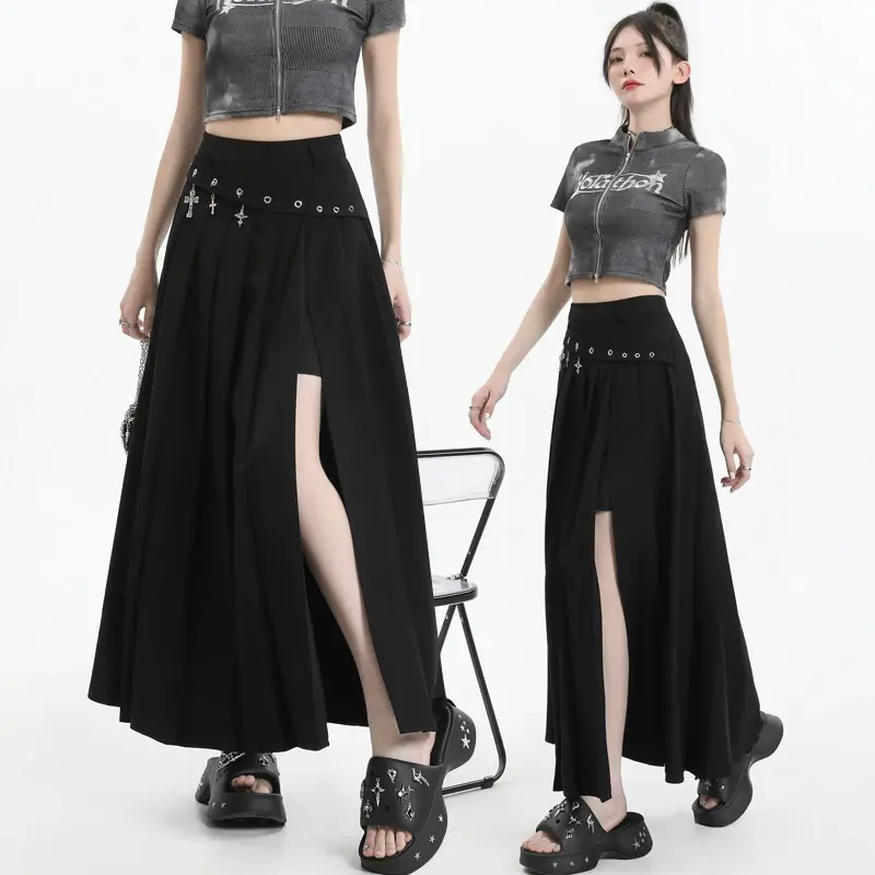 Women's Black Gothic A-line Skirt with Slit Vintage Aesthetic Y2k Long Skirt Harajuku Streetwear Emo Skirt 2000s Clothes Summer