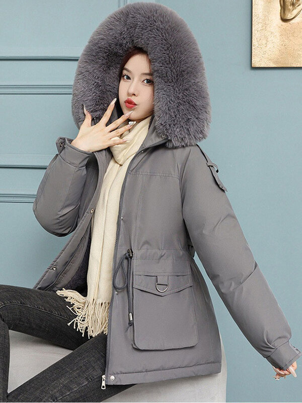 Jaqueta de lã acolchoada de algodão feminina, gola de pele com capuz, parka à prova de vento, casaco grosso, quente, curta, colegial, inverno