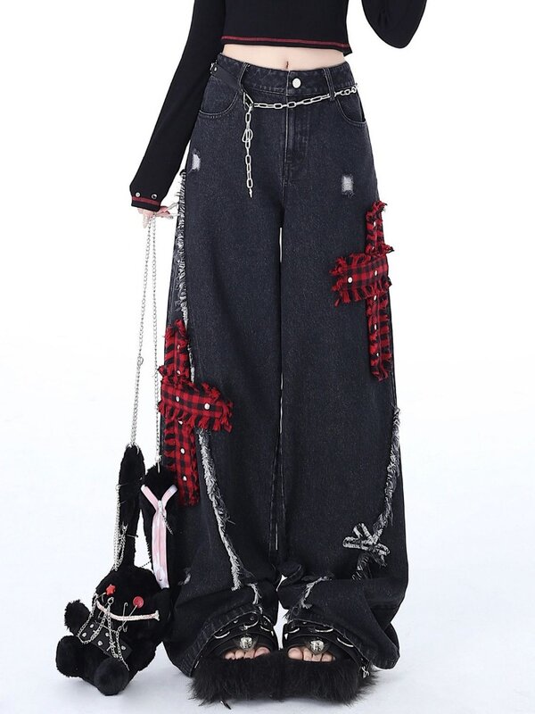 HOUZHOU Gothic Vintage Y2k Jeans larghi donna pantaloni in Denim stile giapponese moda coreana Streetwear Harajuku Punk Gyaru pantaloni