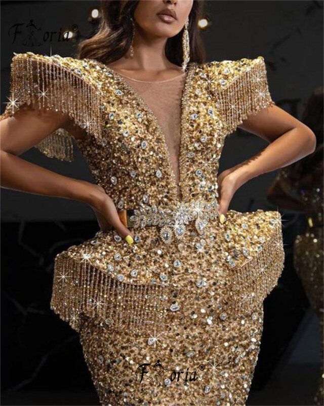 Gaun malam berkilau berpayet kristal cantik manik-manik buatan tangan penuh gaun pesta pernikahan leher V Dubai gaun pesta Bling emas