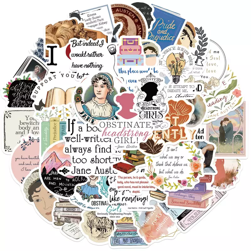 Jane Austen Novel Decalques, Scrapbook DIY, Graffiti Etiqueta, Telefone, Computador portátil, Mala, Guitarra, Papelaria, Carro, 10 pcs, 50pcs