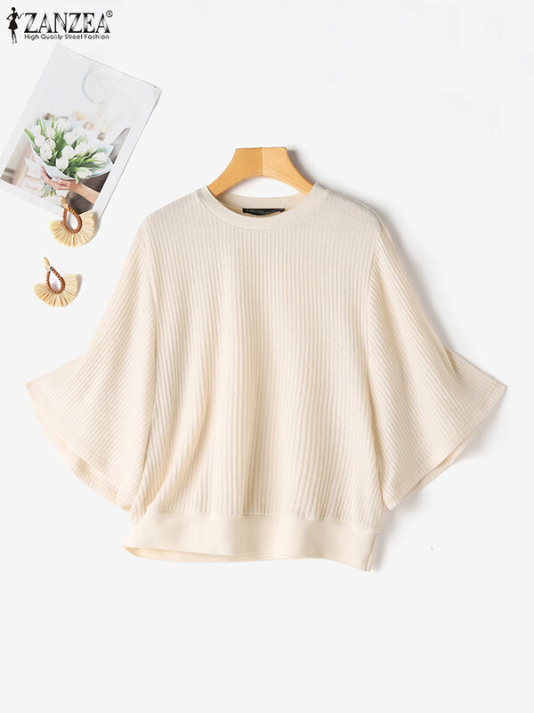 ZANZEA Ribbed Knitted O Neck Blusas OL Elegant Casual Solid Color Shirt Women Flared Sleeve 2024 Fashion Spring Tops Blouses