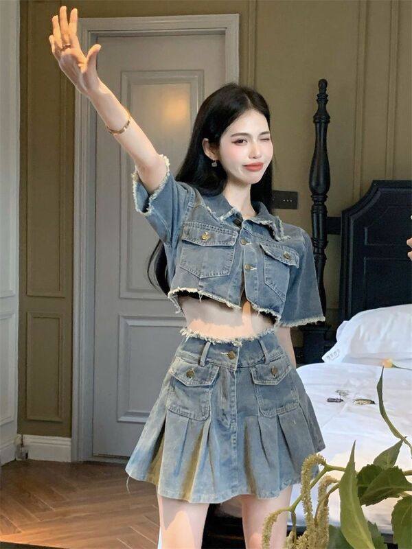Sweet Spicy Denim Suit Skirt High Street Set Ladies Koran Short Shirt Top Summer Pleated Skirt Korean Fashion Two-Piece Set