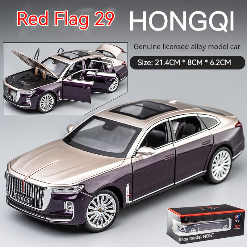 Hongqi-Coche de juguete de aleación auténtica H9, coche de decoración familiar, regalo de vacaciones para niños, 1:24, 21,4x8x6,2 cm