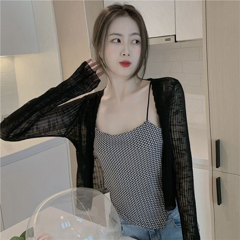 Lucyever Sun Protection Cardigan for Women Summer Thin Single Button Knitted Coat Female Sexy See Through Ice Silk Crop Tops