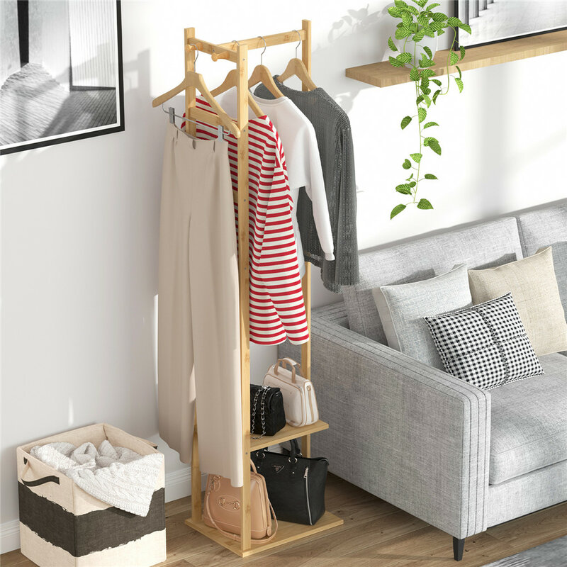 Бамбуковая вешалка для одежды, вешалка для одежды с 2-уровневыми полками для хранения, вешалка для одежды, органайзер для одежды
