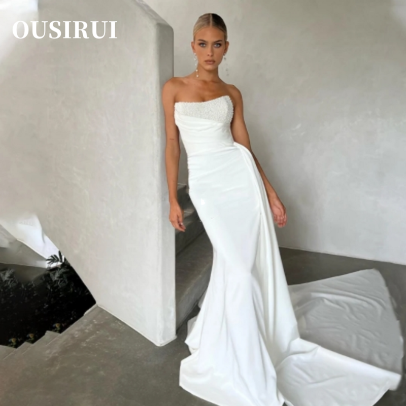 OUSIRUI-frisada Strapless sereia vestidos de casamento, longo trem ridal vestido, vestido impressionante, 2022