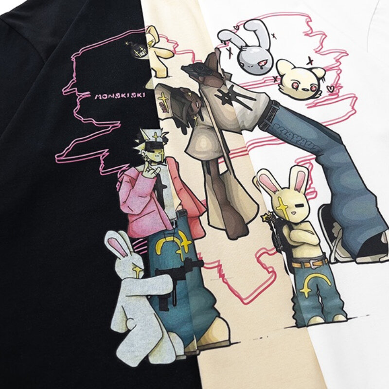 남녀공용 아메리칸 힙합 스트리트 폭격 재미있는 반팔 티셔츠, 루즈 블랙 프린트 커플 코튼 상의, 여름
