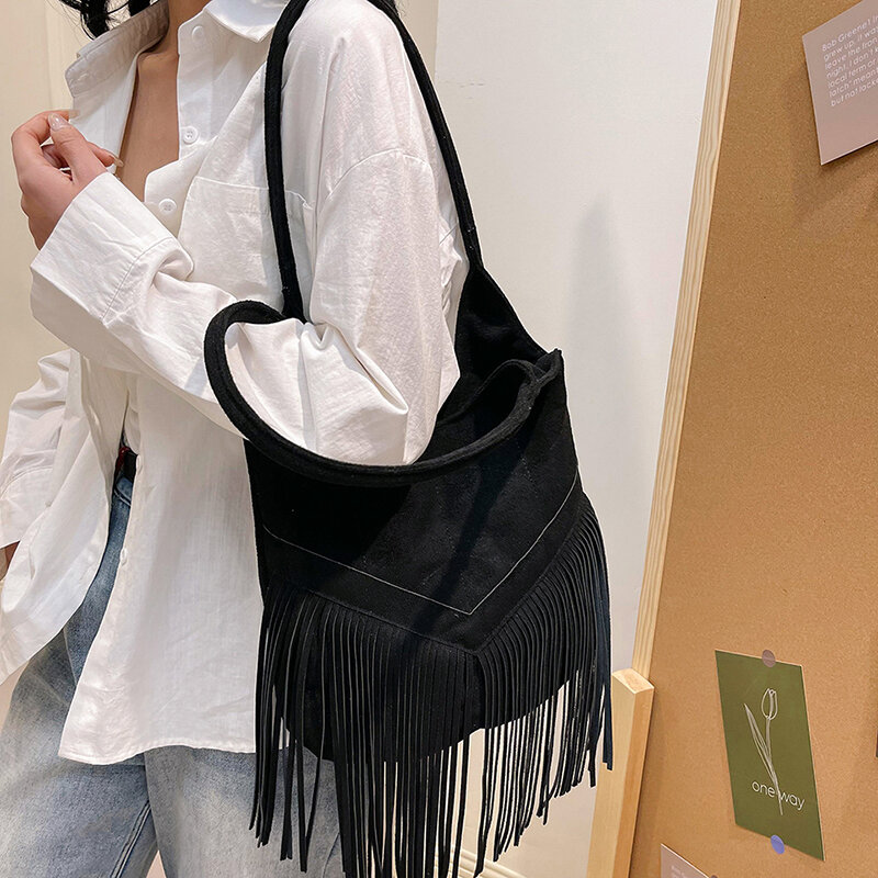 Модные трендовые новые женские сумки на плечо, роскошные дизайнерские сумки-тоуты для женщин 2024, женские кошельки с кисточками, Замшевая сумка-мешок