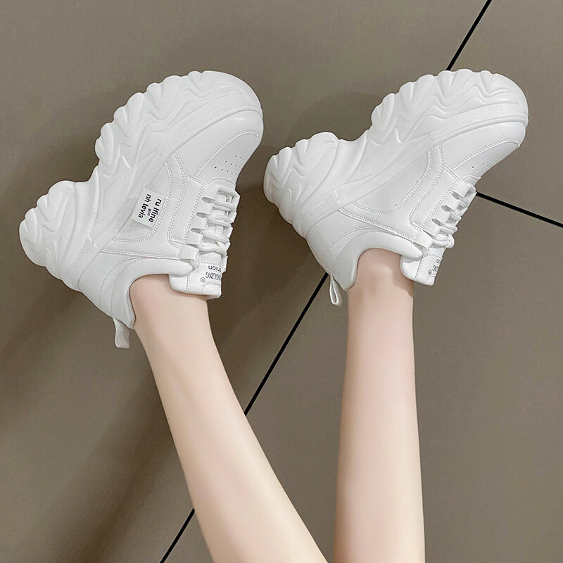 Rimocy Sneakers Chunky Hitam Putih Sepatu Ayah Sol Tebal Musim Semi Musim Gugur Wanita Sneakers Platform Kulit PU Fashion Wanita