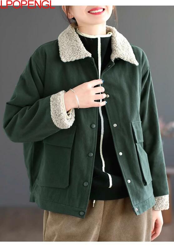 여성용 양털 라펠 싱글 브레스트 플리스 재킷, 빈티지 루즈, 다목적 스트리트웨어, 두꺼운 코튼 코트, 가을 및 겨울 신상
