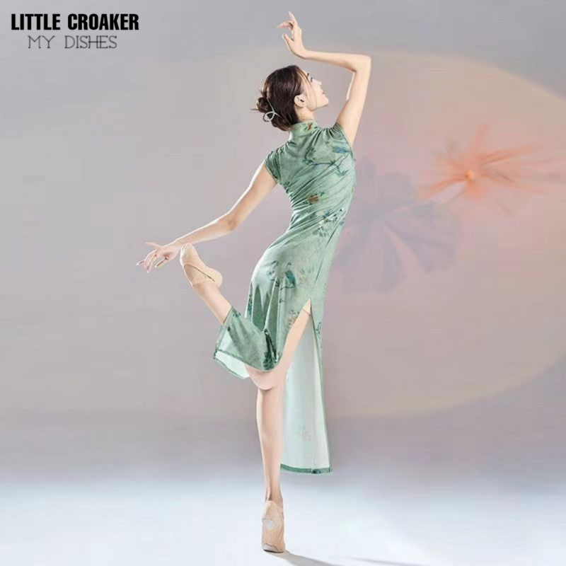 الصينية الكلاسيكية الحديثة الرقص أداء الملابس عالية شق تحسين شيونغسام تشيباو فساتين النساء الصينية الرقص زي