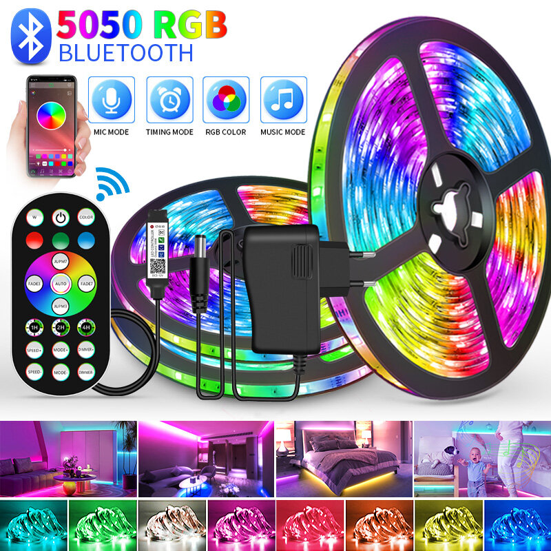 WS2812B Bluetooth LED Strip lights 5050 RGBW Remote control panel+power supply tape diode LED neon night light for room TV