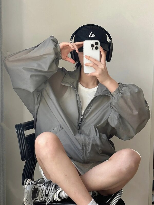 Jaquetas de zíper gola alta para mulheres, casaco leve de proteção solar, streetwear Y2K, casual ao ar livre coreano vintage, verão 2024