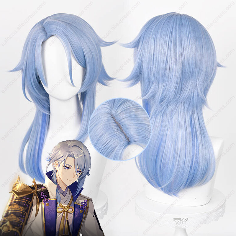 Kamisato Ayato Cosplay Wig 50cm Long Blue Gradient Wigs Heat Resistant Synthetic Hair Simulated Scalp Wigs