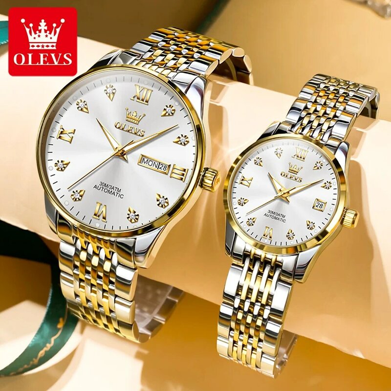 OLEVS 패션 커플 기계식 시계, 스테인레스 스틸 손목 시계, 방수 발광 손, 발렌타인 선물