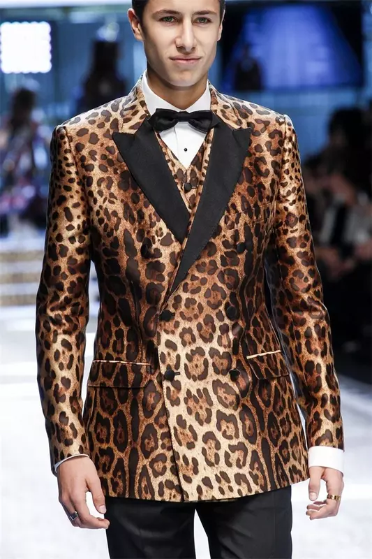 Conjunto de trajes de leopardo para hombre, chaqueta hecha a medida, Blazer de 2 piezas + pantalones negros, abrigo de esmoquin de lujo para fiesta de graduación, novio y boda