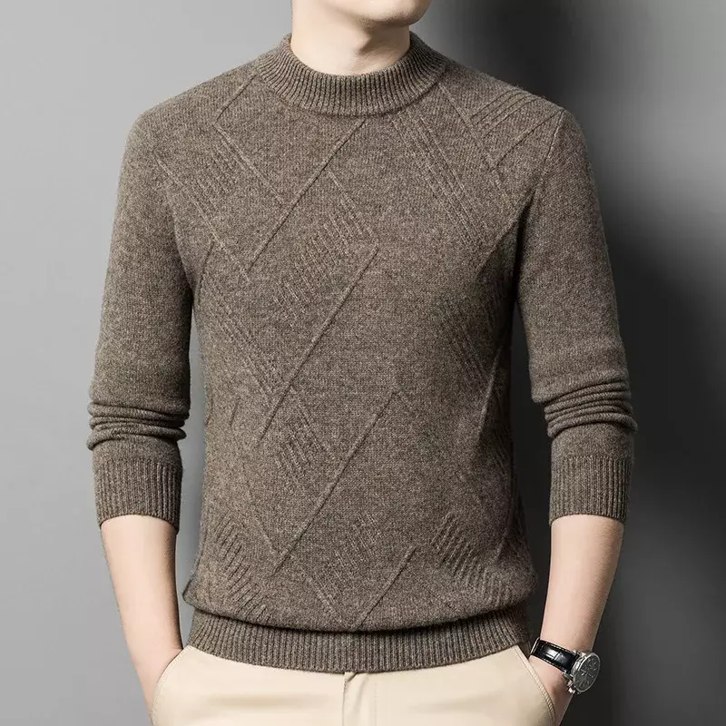 Jesienno-zimowy męski sweter ciepła, z wełny modny swobodny sweter z okrągłym dekoltem i wąska krótka sweter z grube przeszycie spodem