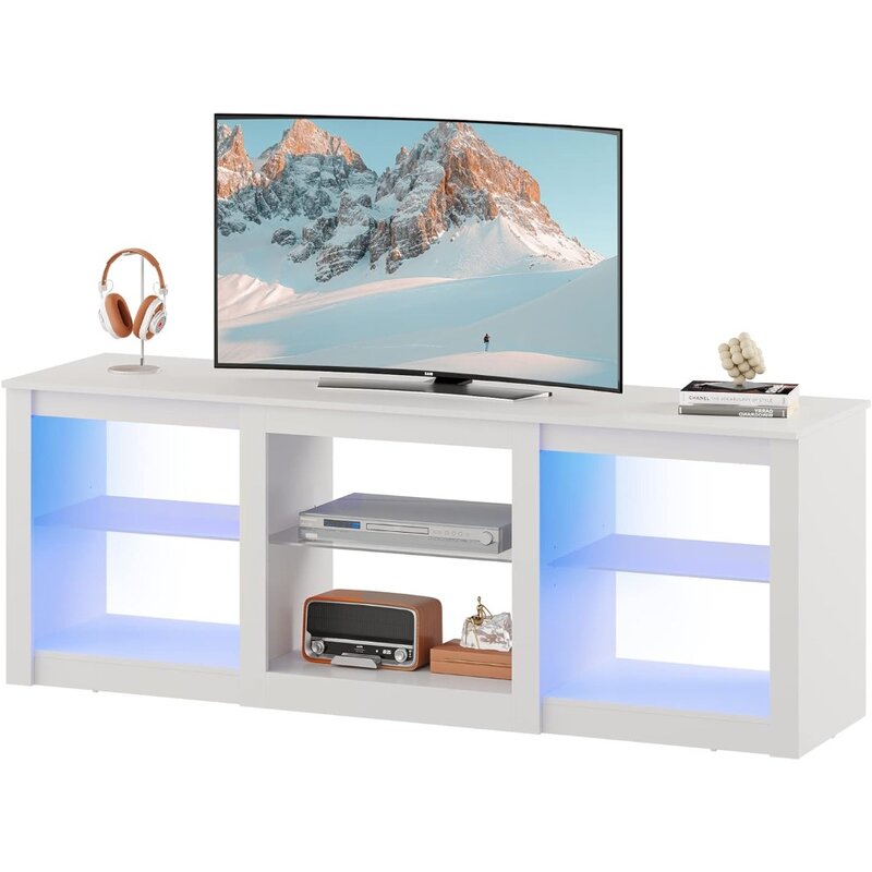 TV Stand for 65 Inch TV, Entertainment Center with Adjustable Glass Shelves, LED TV Console, TV Stands for Living Room, White