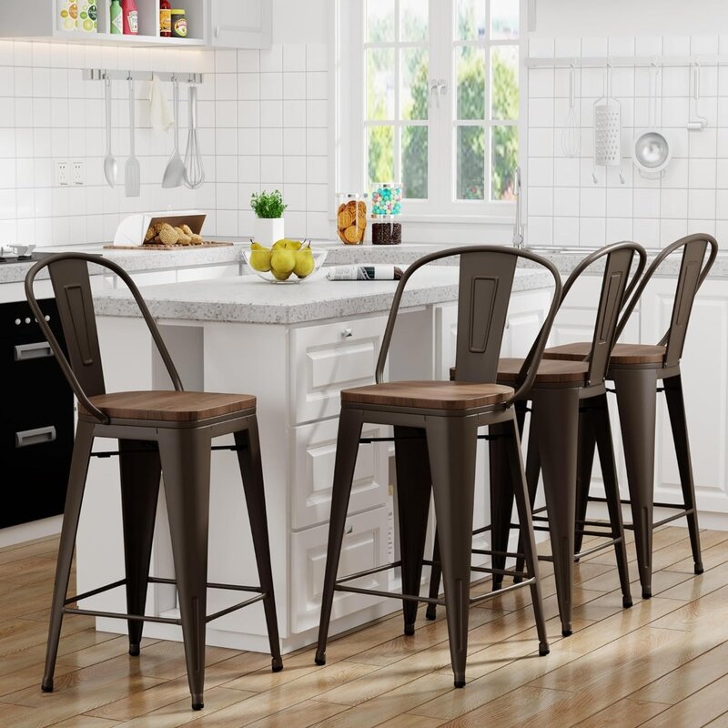 Bar Stools Set of 4 High Back Metal Kitchen Counter Height Chairs 24 inch Barstools with Wooden Seat Industrial Rusty