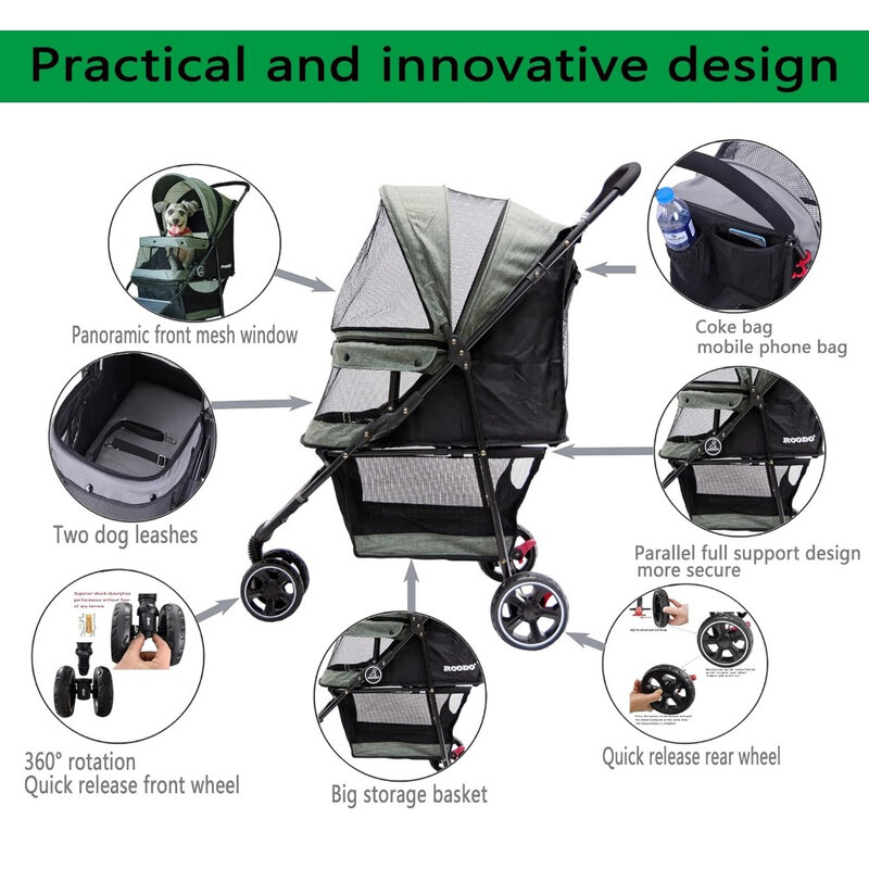 Wózek dla psa 3-kołowy wózek dla zwierząt, lekki, składany, przenośny, kompaktowy, drążący samochód dla psów