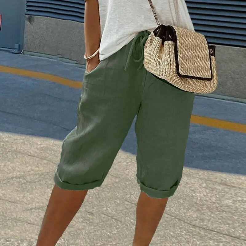 Celana pendek wanita, gaya Vintage longgar tali serut celana panjang lutut untuk wanita bernapas pinggang elastis dengan saku lemari pakaian