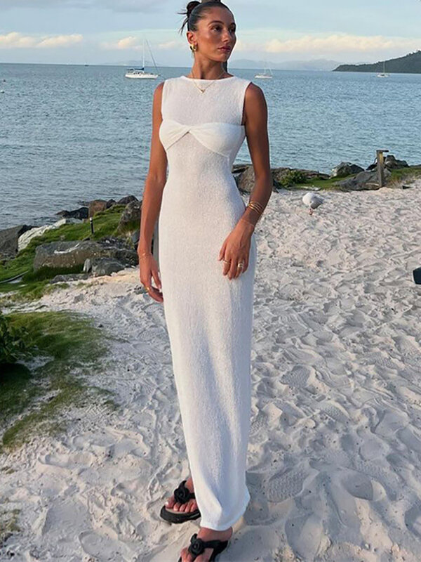 JULISSA MO-Vestido largo de punto con cuello redondo para mujer, vestido fruncido sin mangas, transparente, elegante y ajustado, ropa de playa para fiesta de verano
