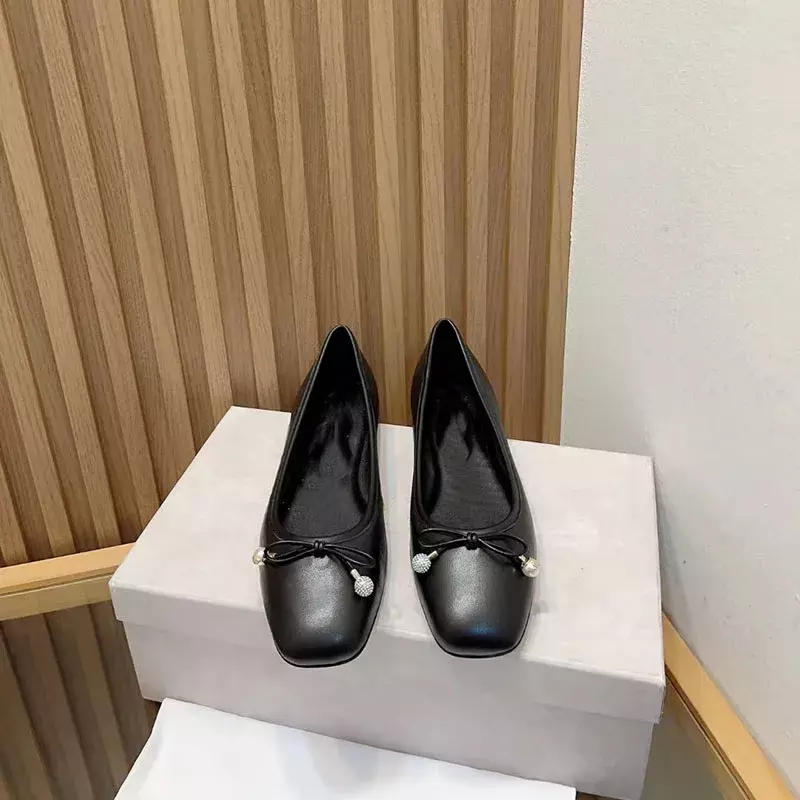 Butterfly Knot Round Toe Mary Janes Solid Color Popular Comfort Genuine Leather Dashion High Quality Glossy Flats Women Shoes