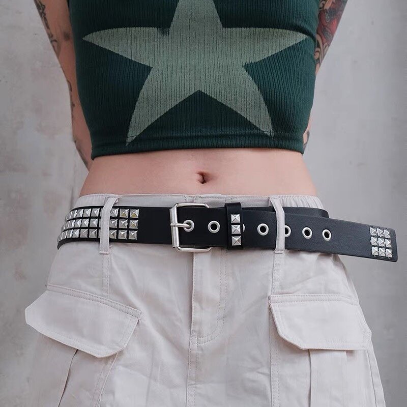 Cintura rivettata Punk in metallo nuova perline quadrate donna uomo Bright Rock borchiato Jeans fibbia in lega Y2K cintura in vita in pelle a tesa larga
