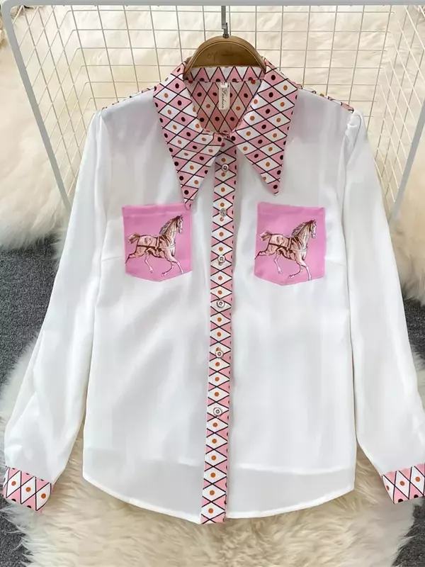 Terno de verão de luxo para mulheres, blusa estampada de geometria de cavalo, saia com botões de bolso, nova moda, 2 peças