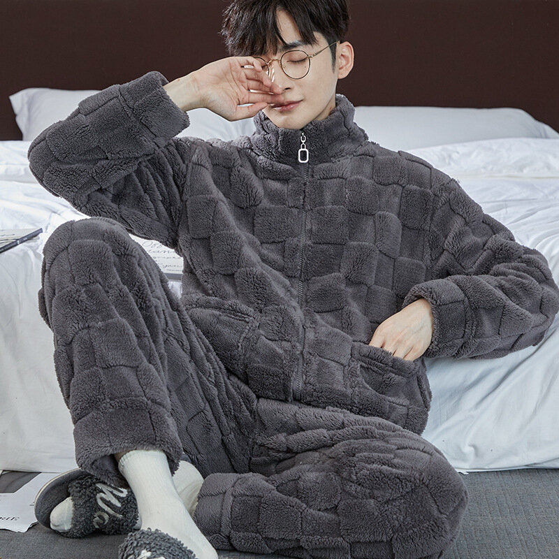 Men's Warm Pajama Sets Autumn Winter Thick 2 Piece Set Flannel Sleepwear Loose Long Sleeve Solid Homewear Home Clothes Sets