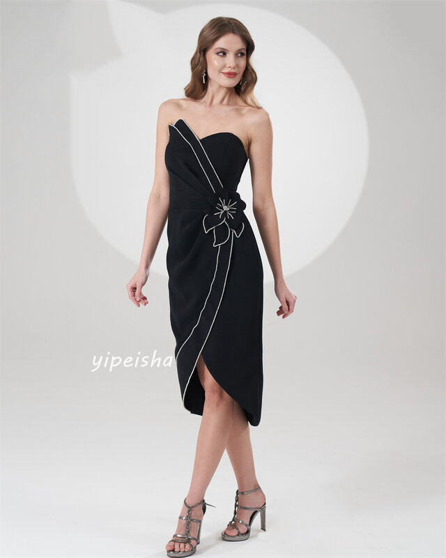 Jersey Sequined Flower Ruched Cocktail Party A-line Strapless Bespoke Occasion Gown Midi Dresses