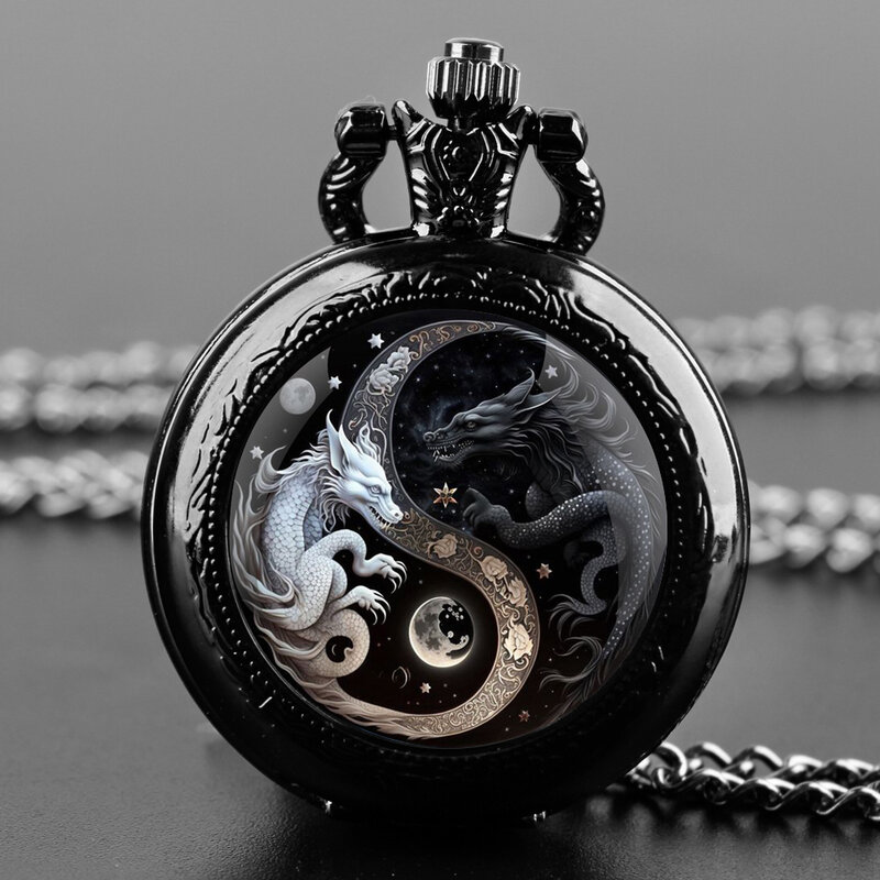 Relógio de bolso de quartzo clássico Ying e Yang dragão para homens e mulheres, cúpula de vidro vintage, colar pingente, relógio de corrente