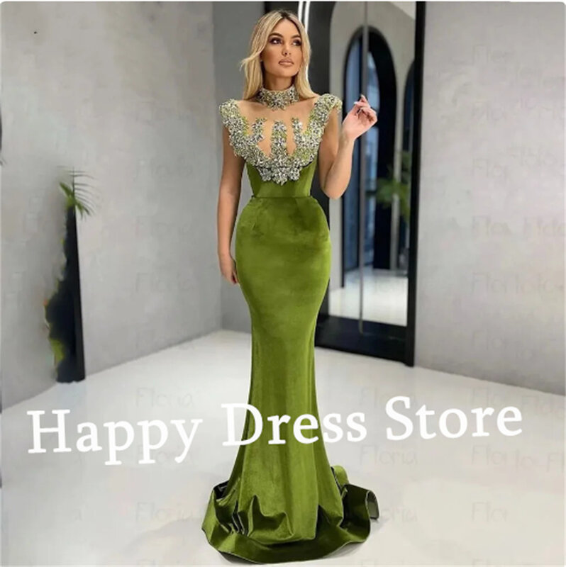 Szczęśliwa sukienka niestandardowa formalna suknia wieczorowa dla seniorów na szyję koraliki aplikacje z płaszczem syrenka welurowa damska nowy zielony suknia na bal maturalny