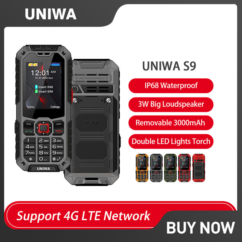 UNIWA S9 ponsel Mini 4G tahan air, ponsel Mini fitur kasar 3W pengeras suara besar IP68 lampu LED 3000mAh tombol SOS 2.4 inci
