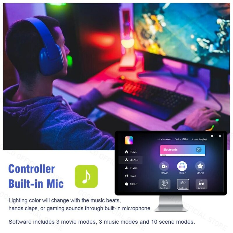 إضاءة خلفية من الكمبيوتر المحيط لألعاب الكمبيوتر الرياضية الإلكترونية ، مزامنة سطح المكتب الألعاب الغمر RGB شريط إضاءة LED أضواء ديكور الشاشة