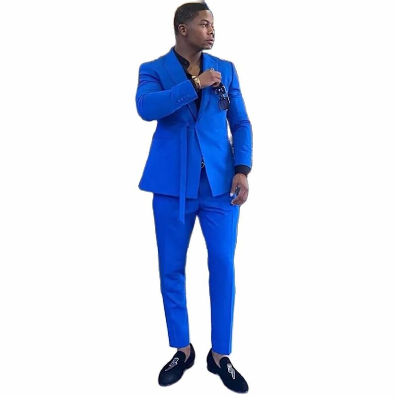 Setelan Pria biru elegan setelan puncak Lapel tunggal Breasted kasual 2 potong jaket celana Set Prom pesta pakaian harian buatan khusus Set lengkap