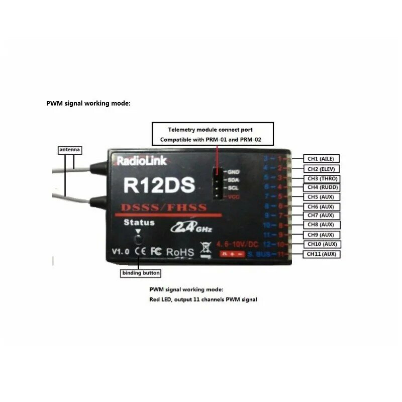 RadioLink R12DS 12CH 12-kanałowy odbiornik 2.4Ghz do nadajnika AT10 samolot urządzenie fotograficzne