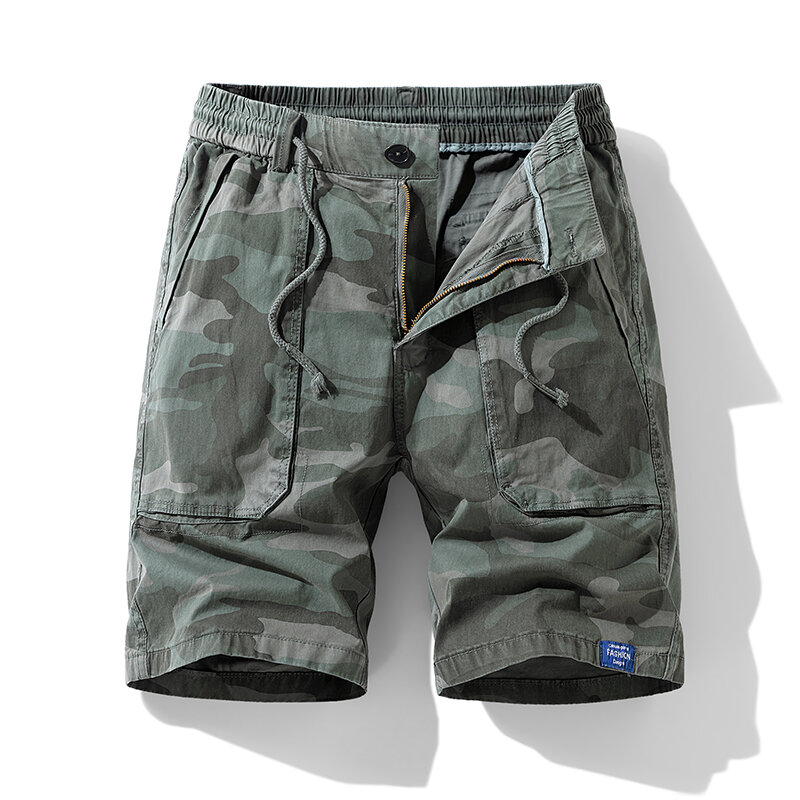 Shorts de camuflagem masculino, shorts táticos de algodão, ajuste relaxado, multi bolsos, caminhada, militar cáqui geral, verão