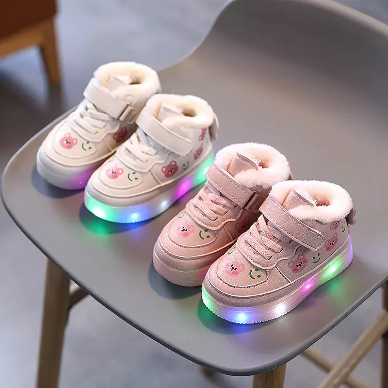 Детская Хлопковая обувь для девочек со светодиодной подсветкой, плюшевая обувь, зимняя Нескользящая спортивная обувь с высоким верхом, светящиеся Детские повседневные кроссовки