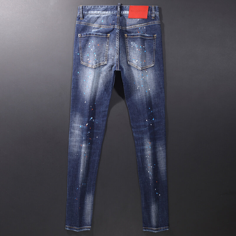 Streetwear moda masculina calças de brim retro azul elástico fino ajuste rasgado jeans homem pintado designer marca hip hop calças de brim hombre