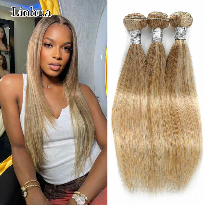 Linhua Highlight P27/613 Human Hair Bundles 8 to 30 Inch Straight Human Hair Blonde Machine Made Double Weave Weft