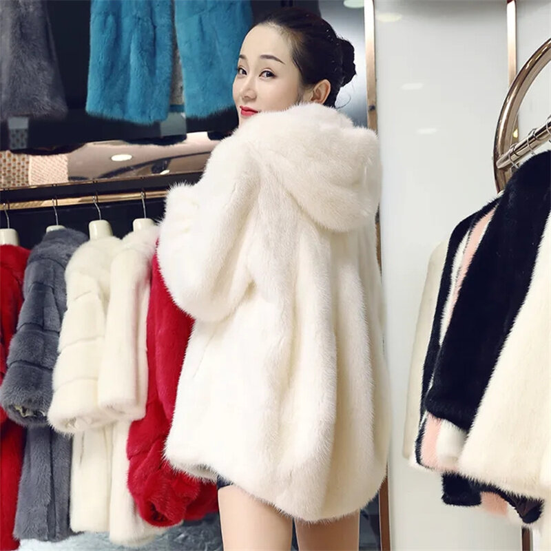 Cappotto di pelliccia da donna 2022 inverno imitazione visone soprabito femminile con cappuccio integrazione di pelliccia di media lunghezza imitazione visone capispalla S-3XL