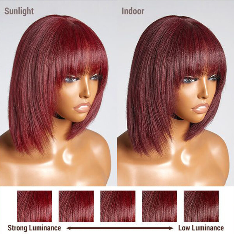 Pelucas de cabello humano brasileño con flequillo para mujer, pelo corto recto Bob, color 99J, 180D, Remy, hecho a máquina, Borgoña