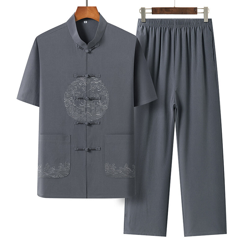 Camisa e calças de manga curta bordadas com gola em stand masculino, algodão linho, botão sapo, verão, 2024