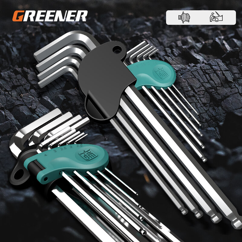 GREENERY 9Pcs Allen Wrench Set SVCM+ Automatic Allen Screwdriver Tool Metric Inch L-shaped Ball Head Portable Manual Repair Tool